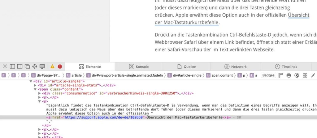 Link im Quelltext von Safari