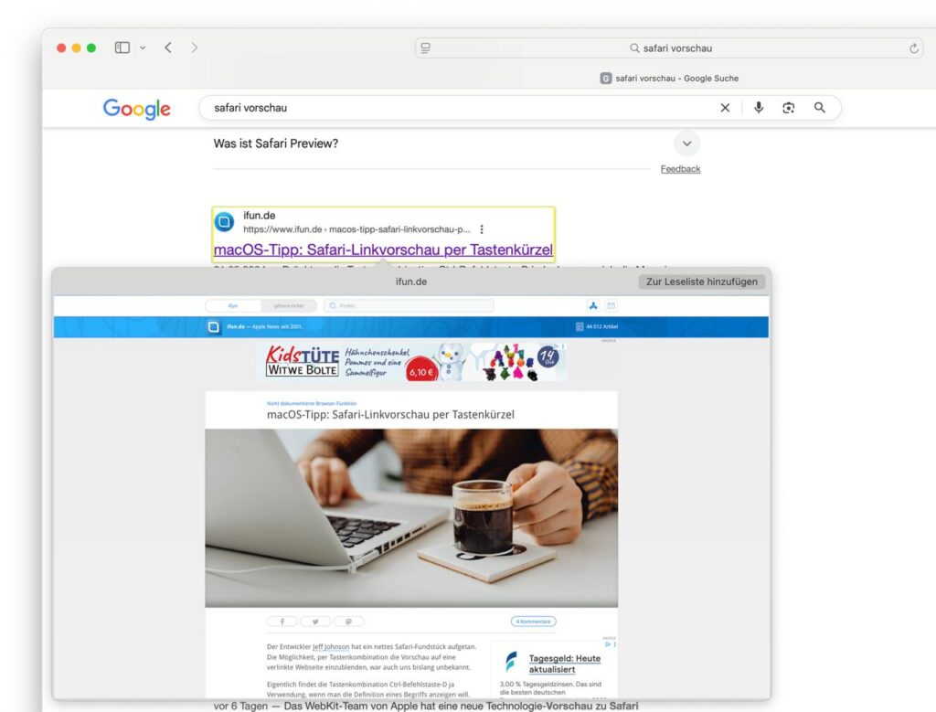 Safari Vorschau Fenster auf MacOS